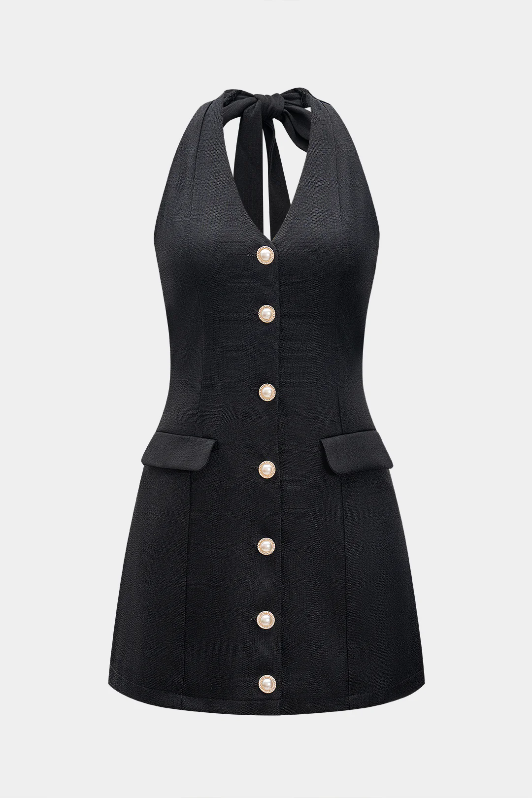 Halter V-Neck Pearl Button Sleeveless Jumpsuit