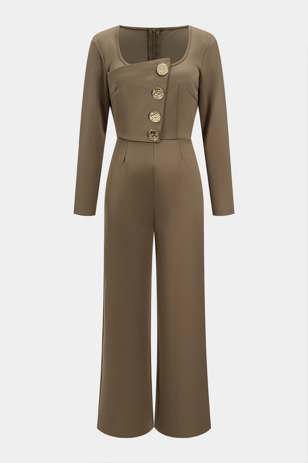 Metallic Button Zipper Long Sleeve Jumpsuit