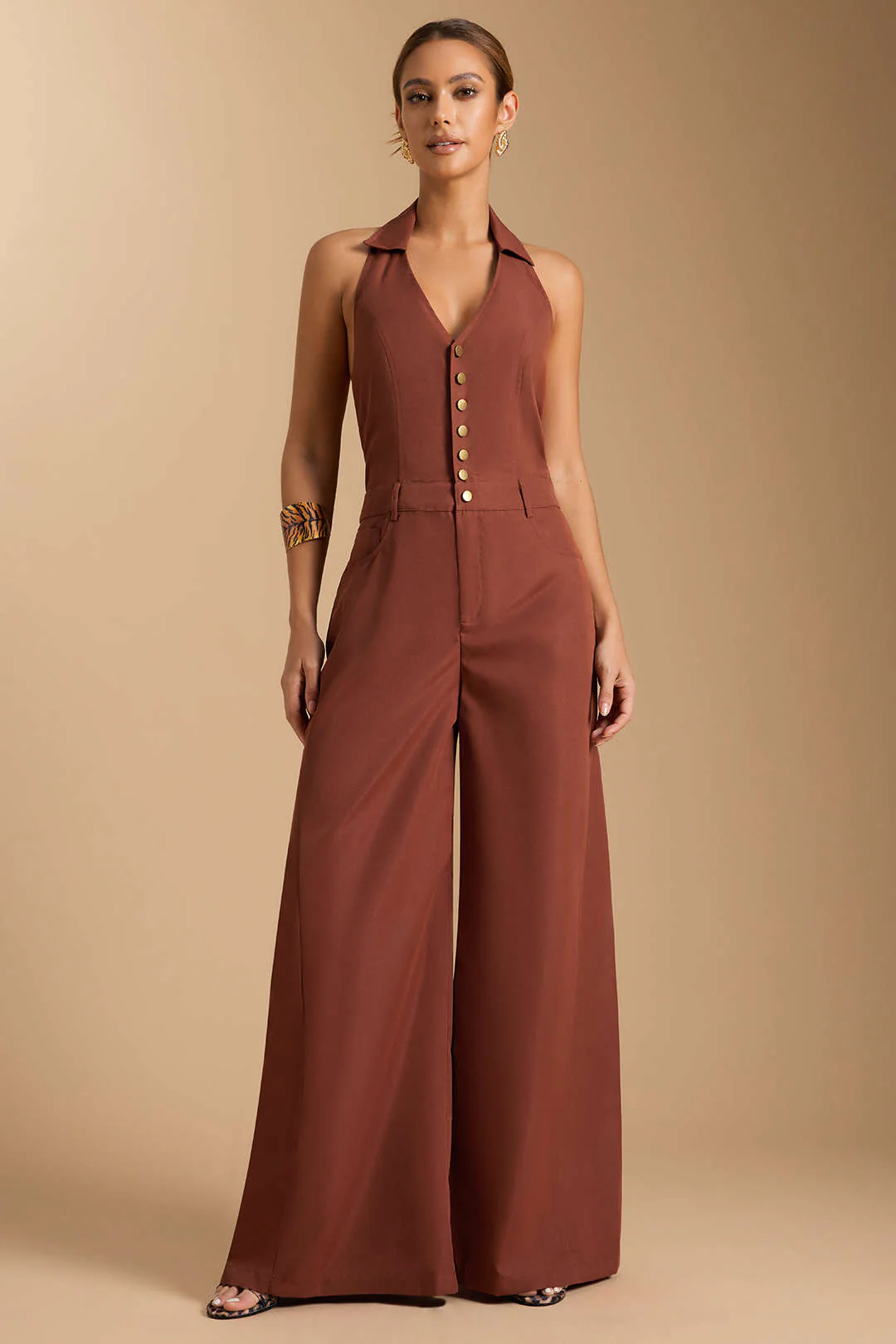 Halter V-Neck Button Smocked Pocket Sleeveless Jumpsuit