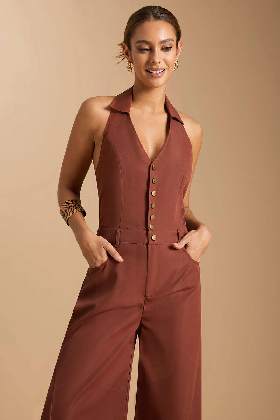 Halter V-Neck Button Smocked Pocket Sleeveless Jumpsuit - Image 2