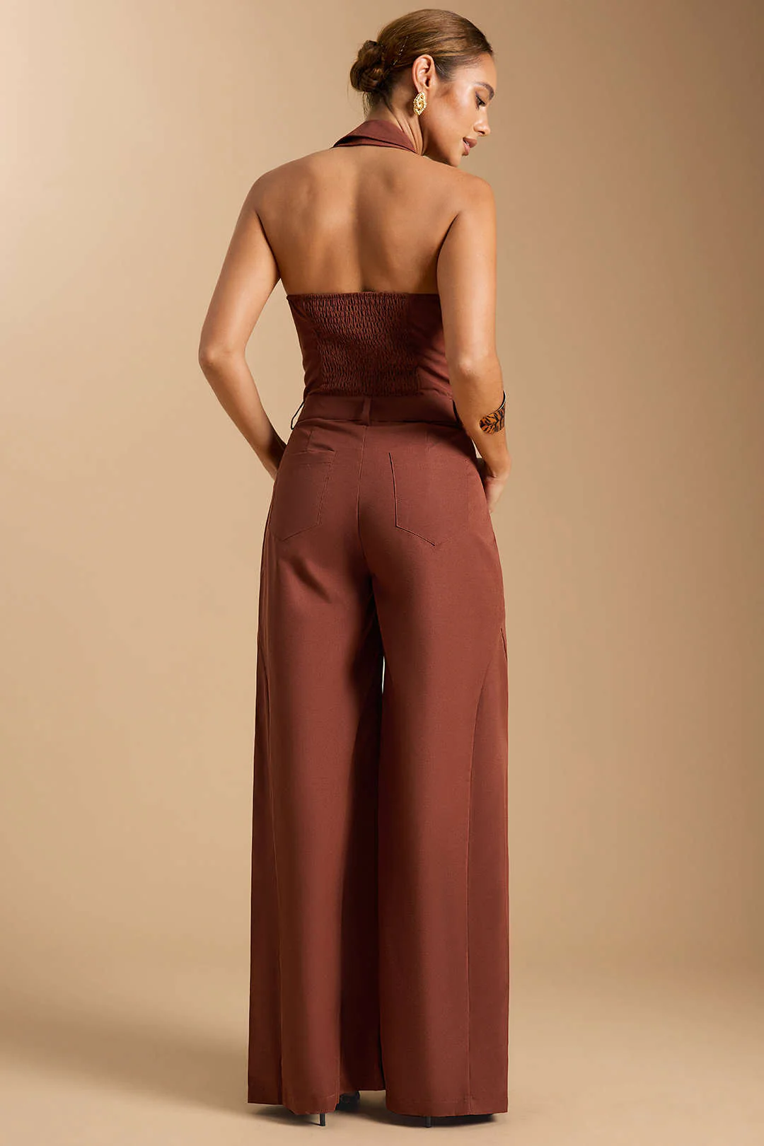 Halter V-Neck Button Smocked Pocket Sleeveless Jumpsuit - Image 4