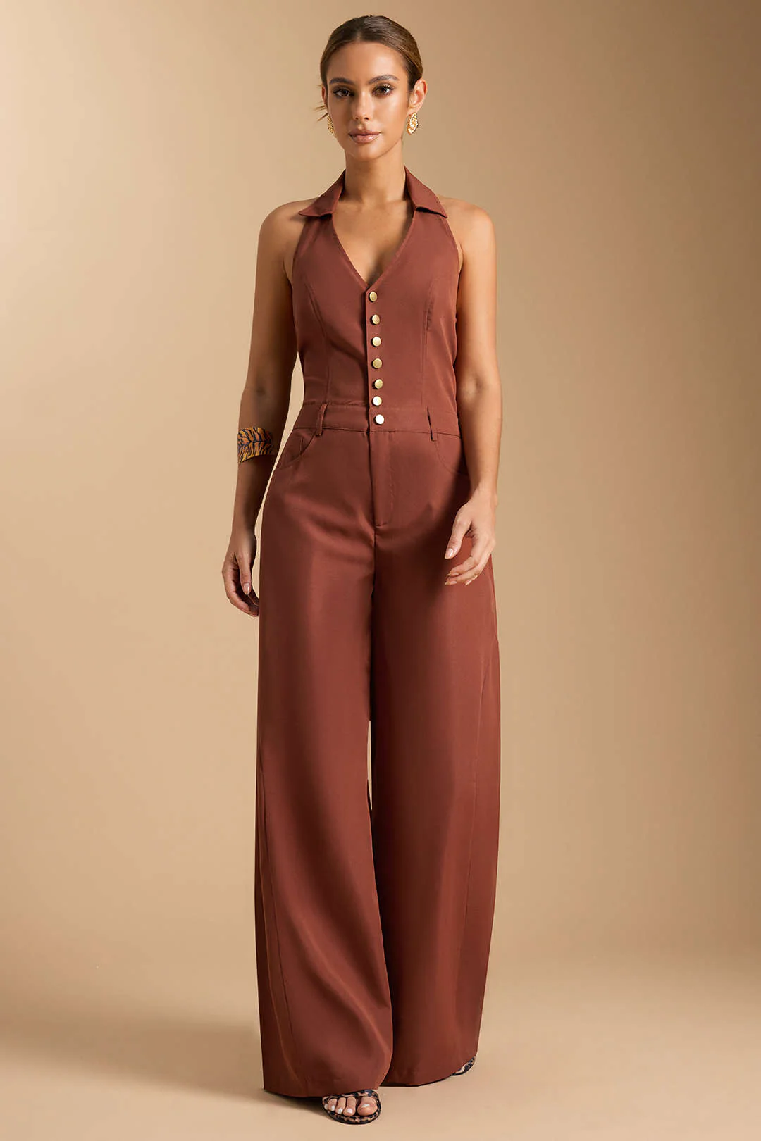 Halter V-Neck Button Smocked Pocket Sleeveless Jumpsuit - Image 5