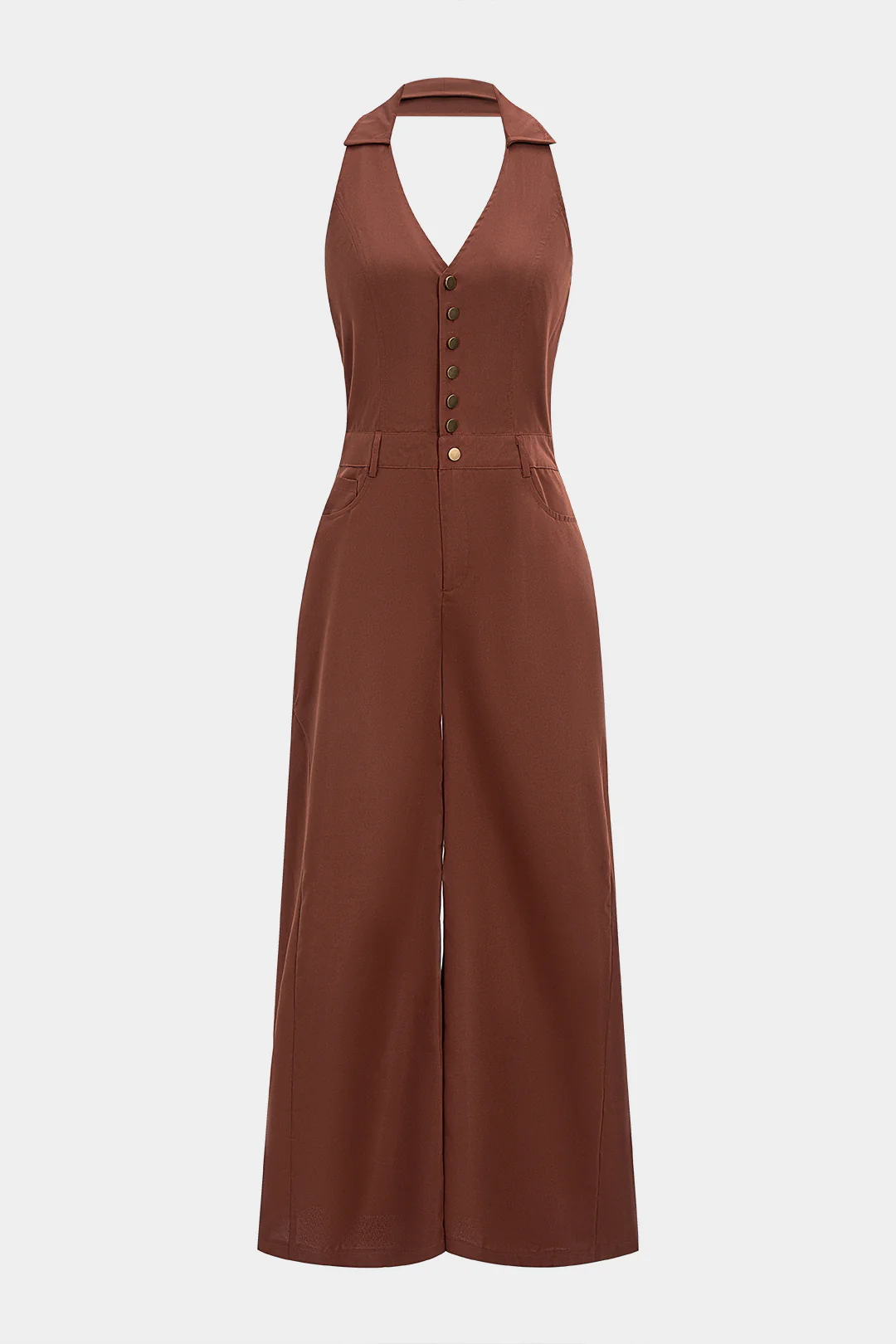 Halter V-Neck Button Smocked Pocket Sleeveless Jumpsuit - Image 6