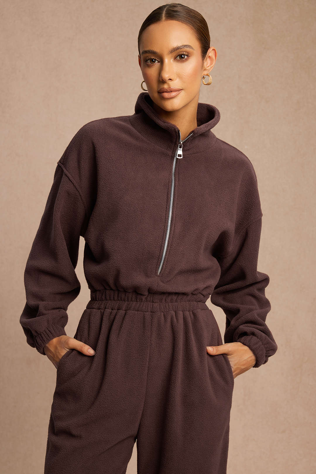 Shirred Drawstring Zipper Long Sleeve Jumpsuit - Image 3