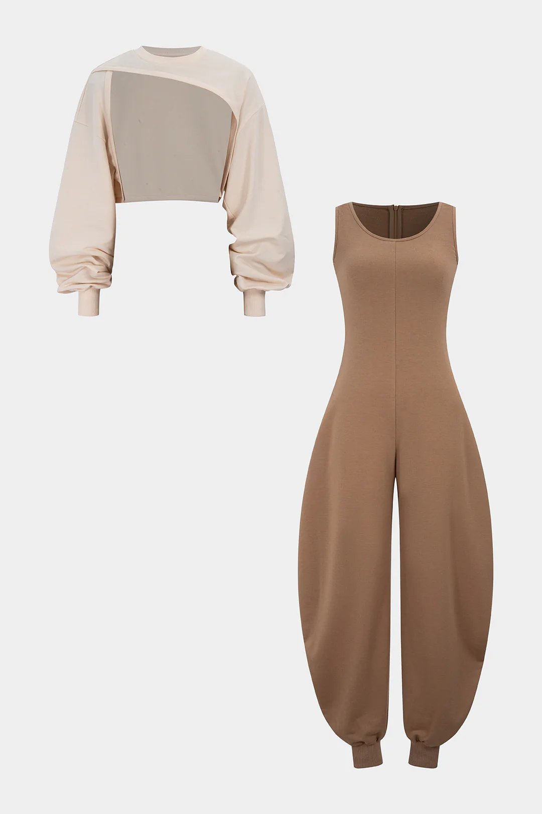 Solid Long-Sleeve Top And Sleeveless Jumpsuit Set - Image 2