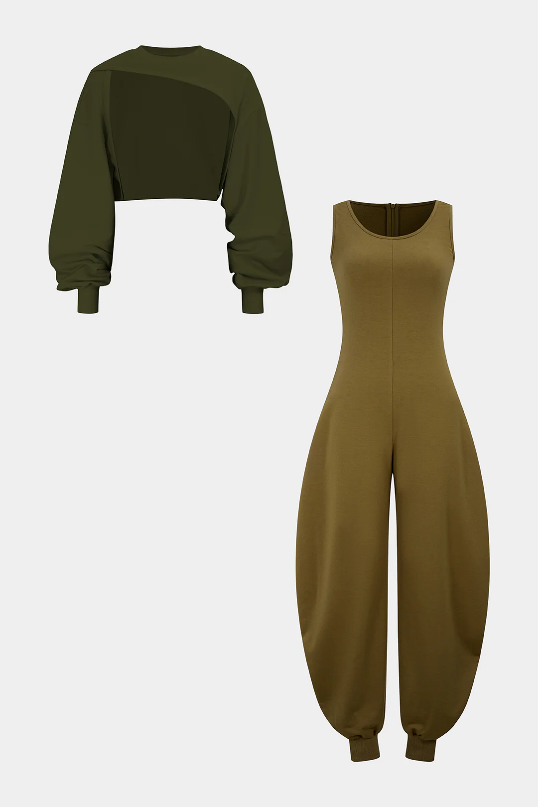 Solid Long-Sleeve Top And Sleeveless Jumpsuit Set - Image 8