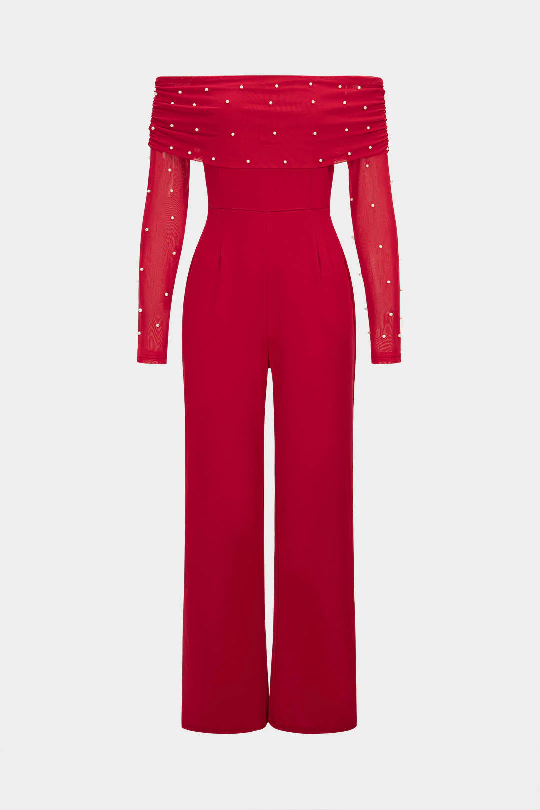 Pearl Decor Off-Shoulder Wide Leg Long Sleeve Jumpsuit - Image 2