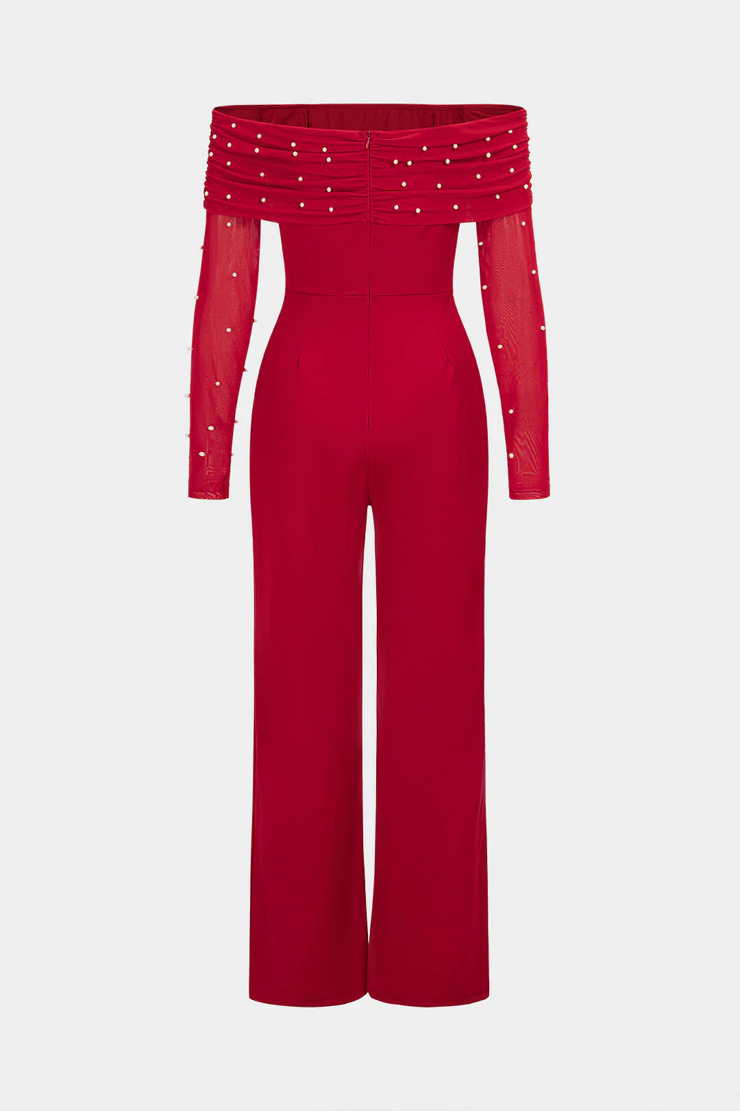 Pearl Decor Off-Shoulder Wide Leg Long Sleeve Jumpsuit - Image 3