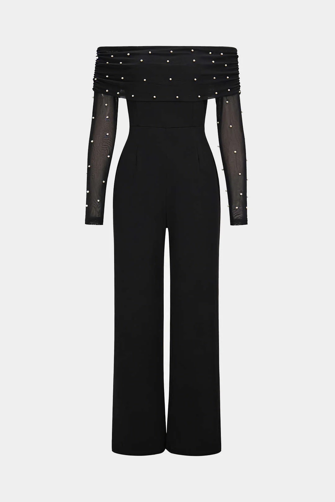 Pearl Decor Off-Shoulder Wide Leg Long Sleeve Jumpsuit - Image 6