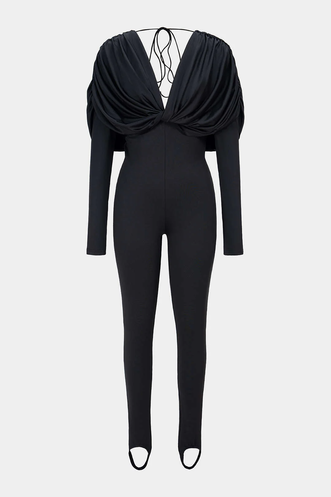 Twist Knot V-Neck Ruched Long Sleeve Jumpsuit - Image 2