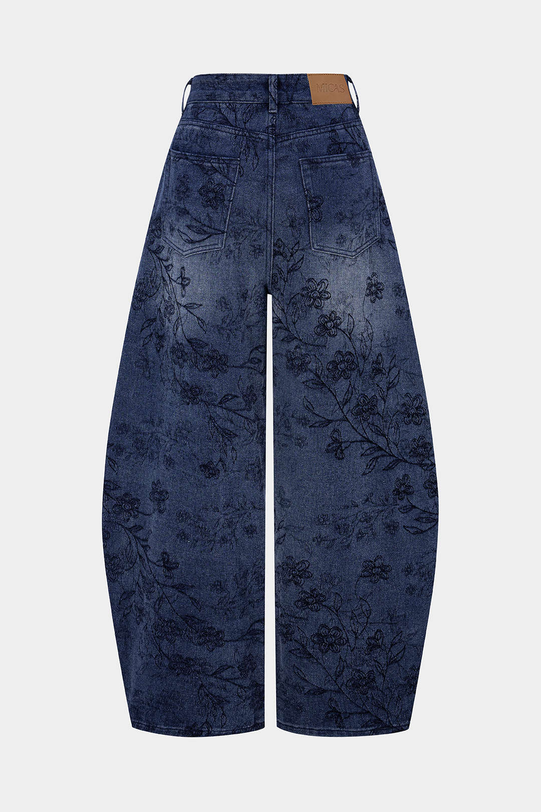 Denim Floral Print Zipper Barrel Jeans - Image 2