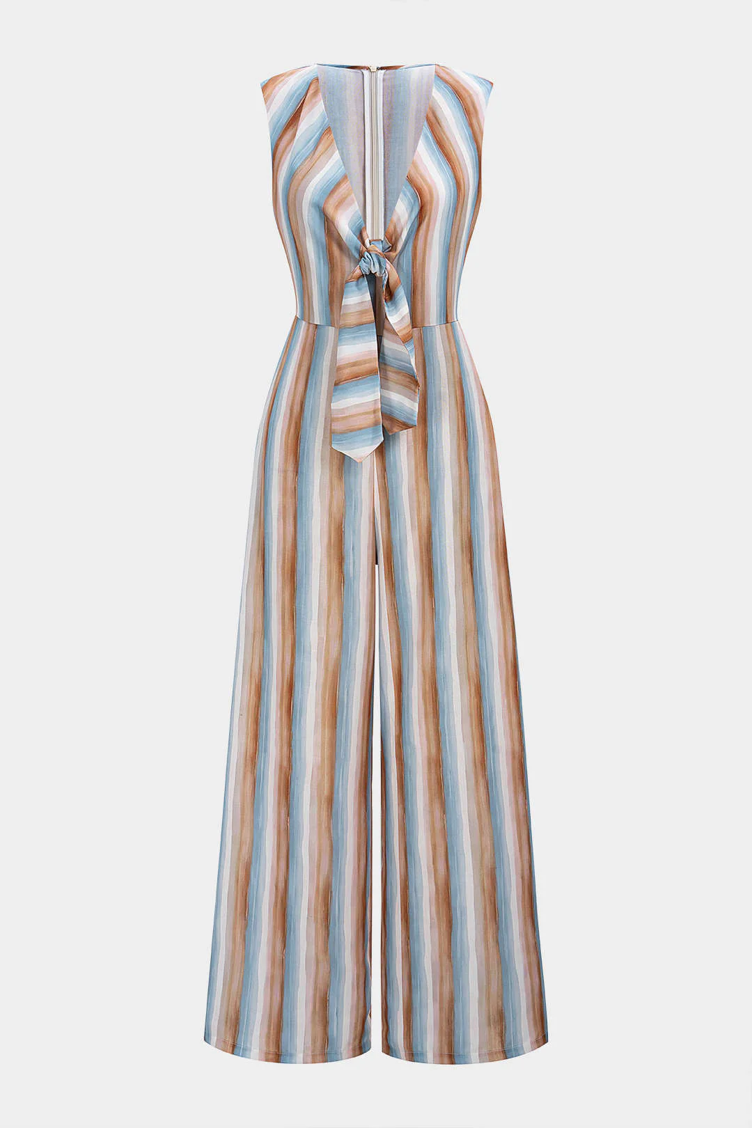 Stripes Print V-Neck Strappy Sleeveless Jumpsuit