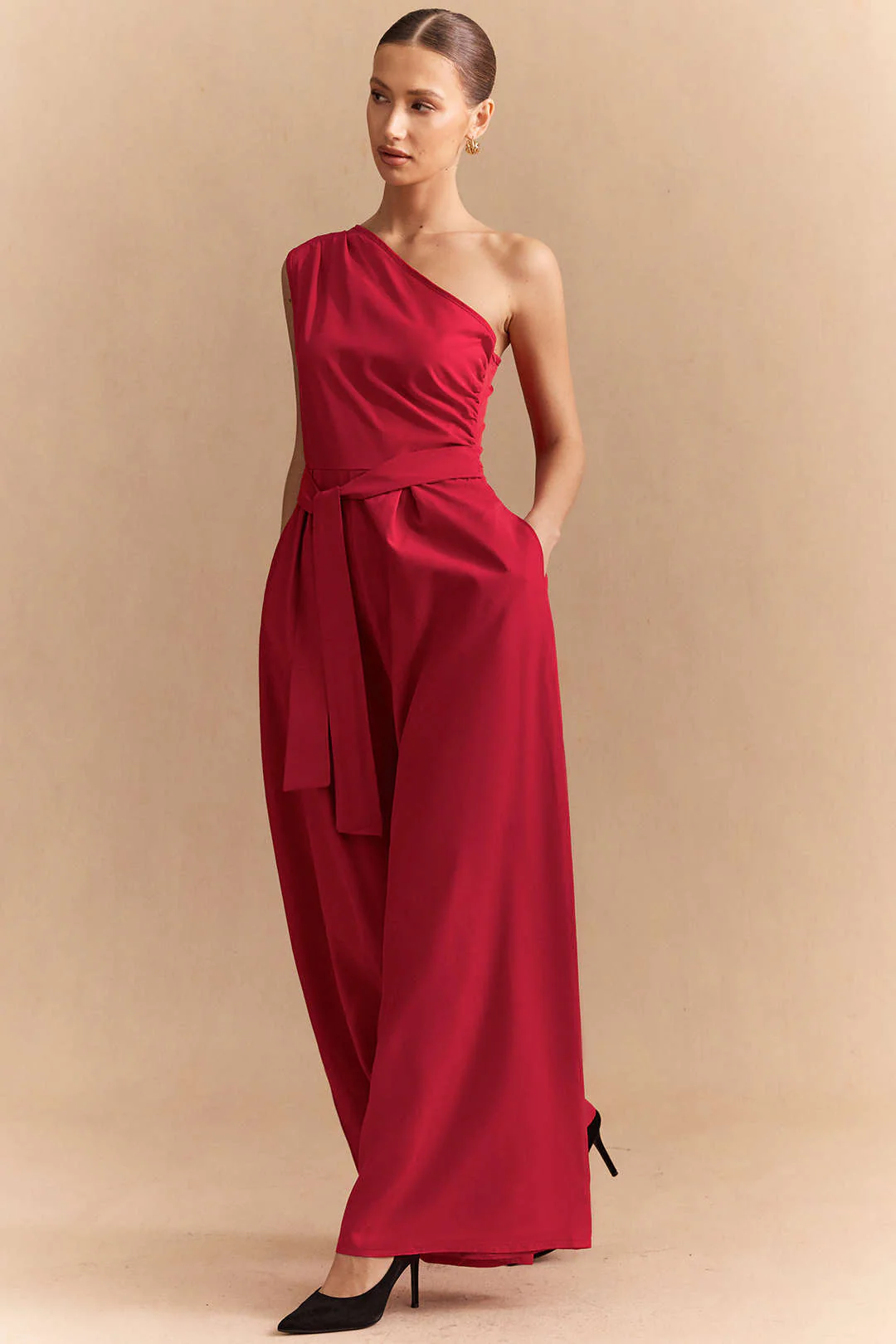 Solid One Shoulder Strappy Sleeveless Jumpsuit - Image 2