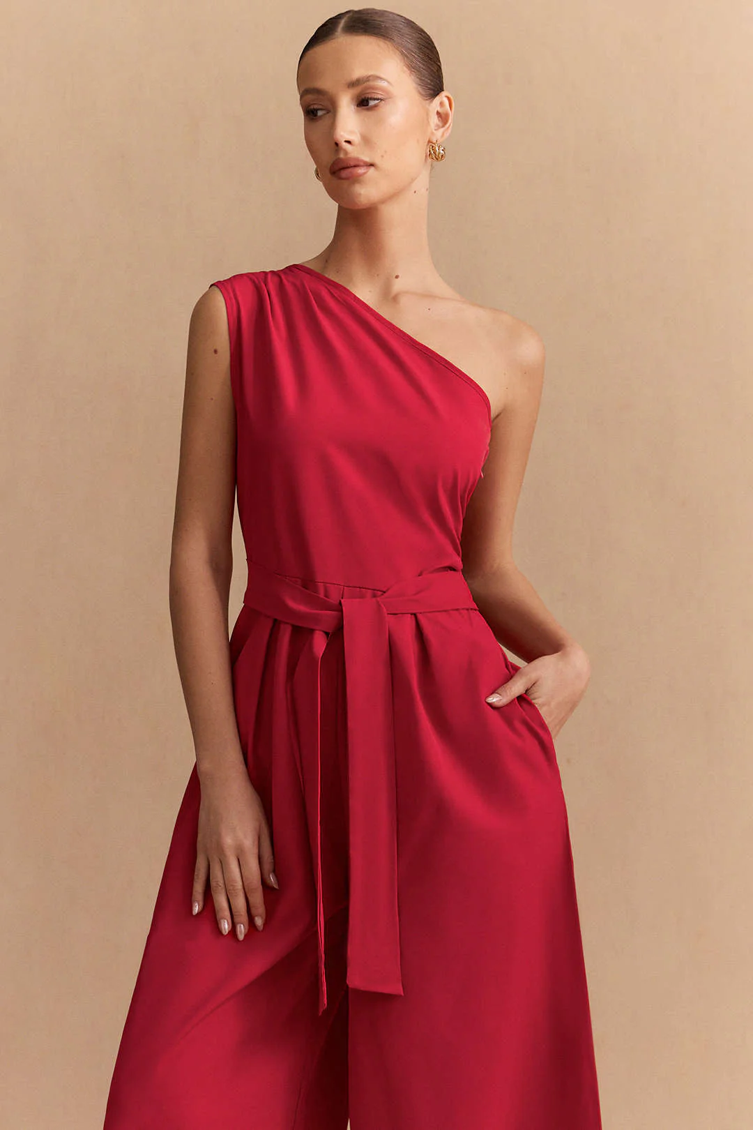 Solid One Shoulder Strappy Sleeveless Jumpsuit - Image 3