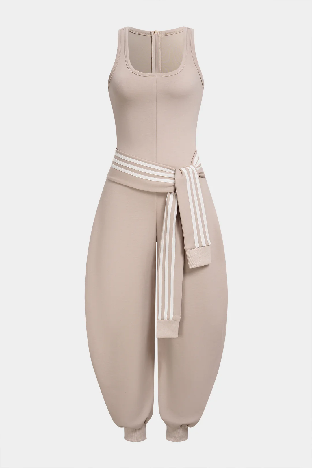 U-Neck Contrast Striped Tie-Up Zipper Barrel Jumpsuit - Image 2