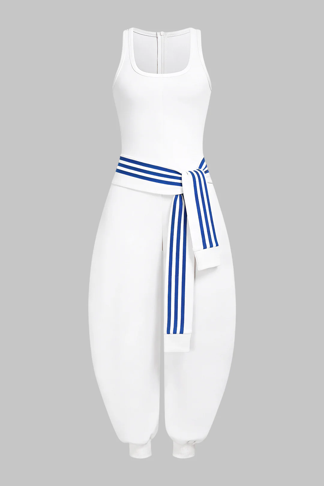 U-Neck Contrast Striped Tie-Up Zipper Barrel Jumpsuit - Image 6