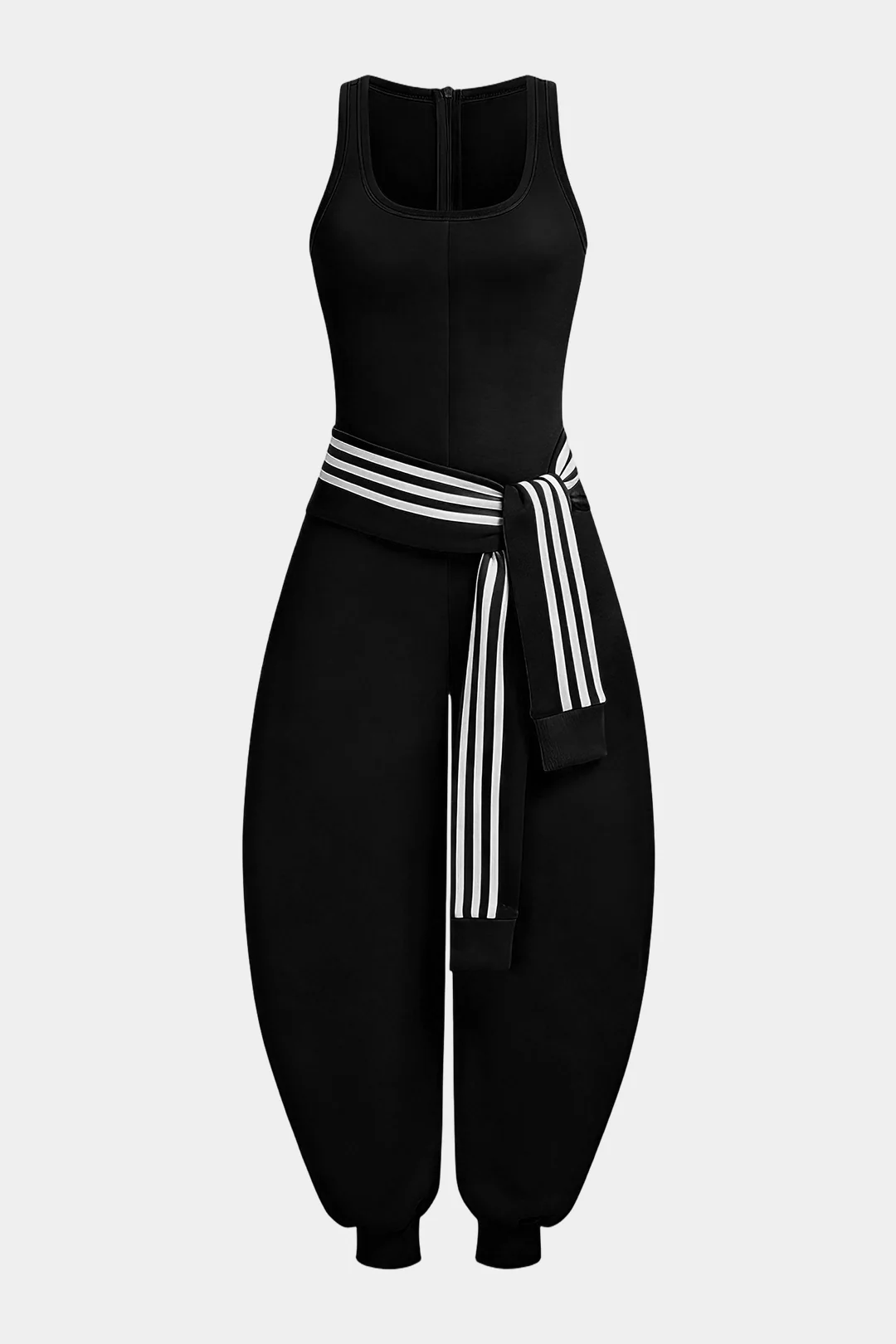 U-Neck Contrast Striped Tie-Up Zipper Barrel Jumpsuit - Image 7