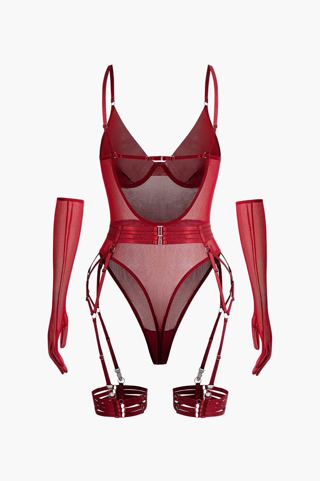 Sheer Mesh Belted Backless Bodysuit With Glove - Image 2