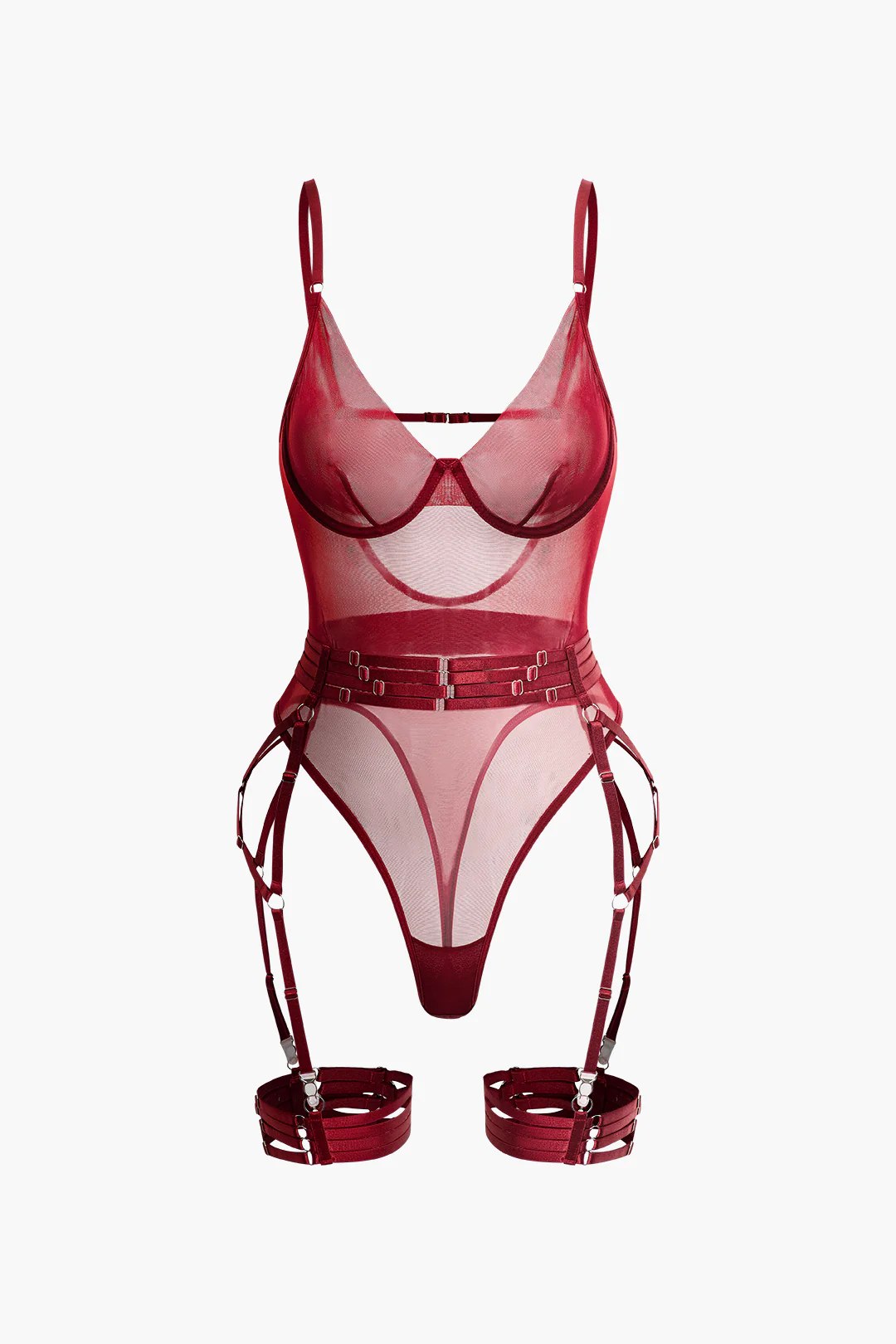 Sheer Mesh Belted Backless Bodysuit With Glove - Image 3