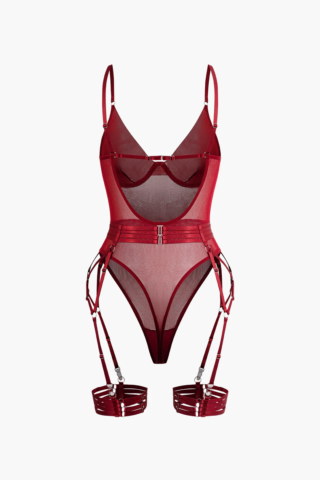 Sheer Mesh Belted Backless Bodysuit With Glove - Image 4