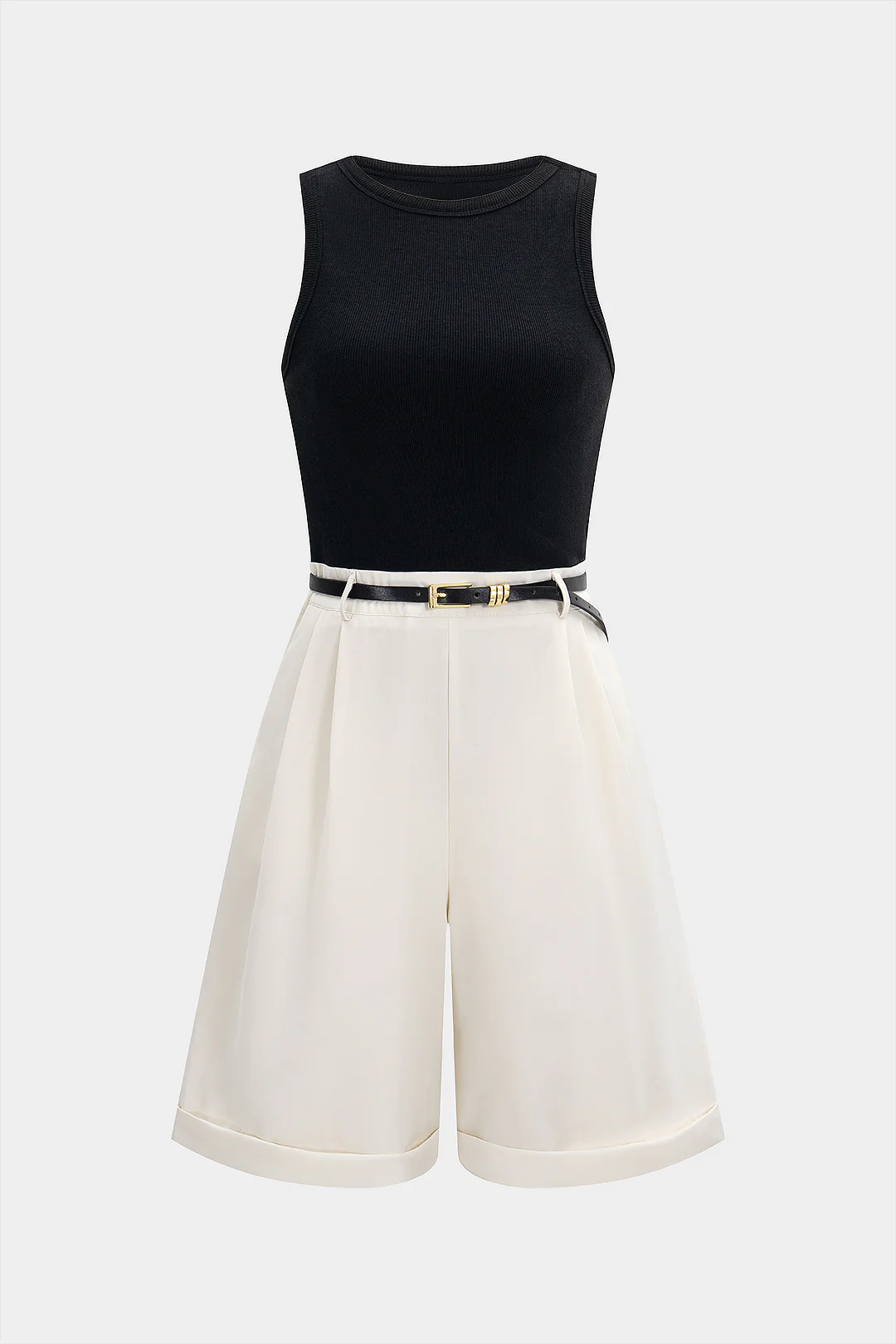 Contrast Patchwork Belted Sleeveless Romper