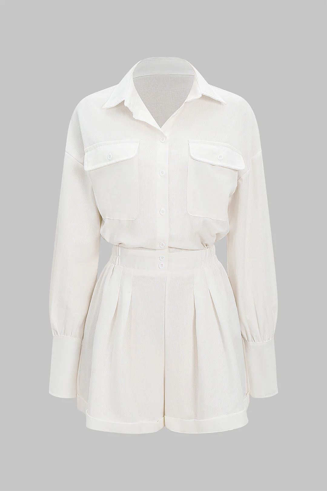 Solid Button Belted Ruched Long-Sleeve Romper - Image 3