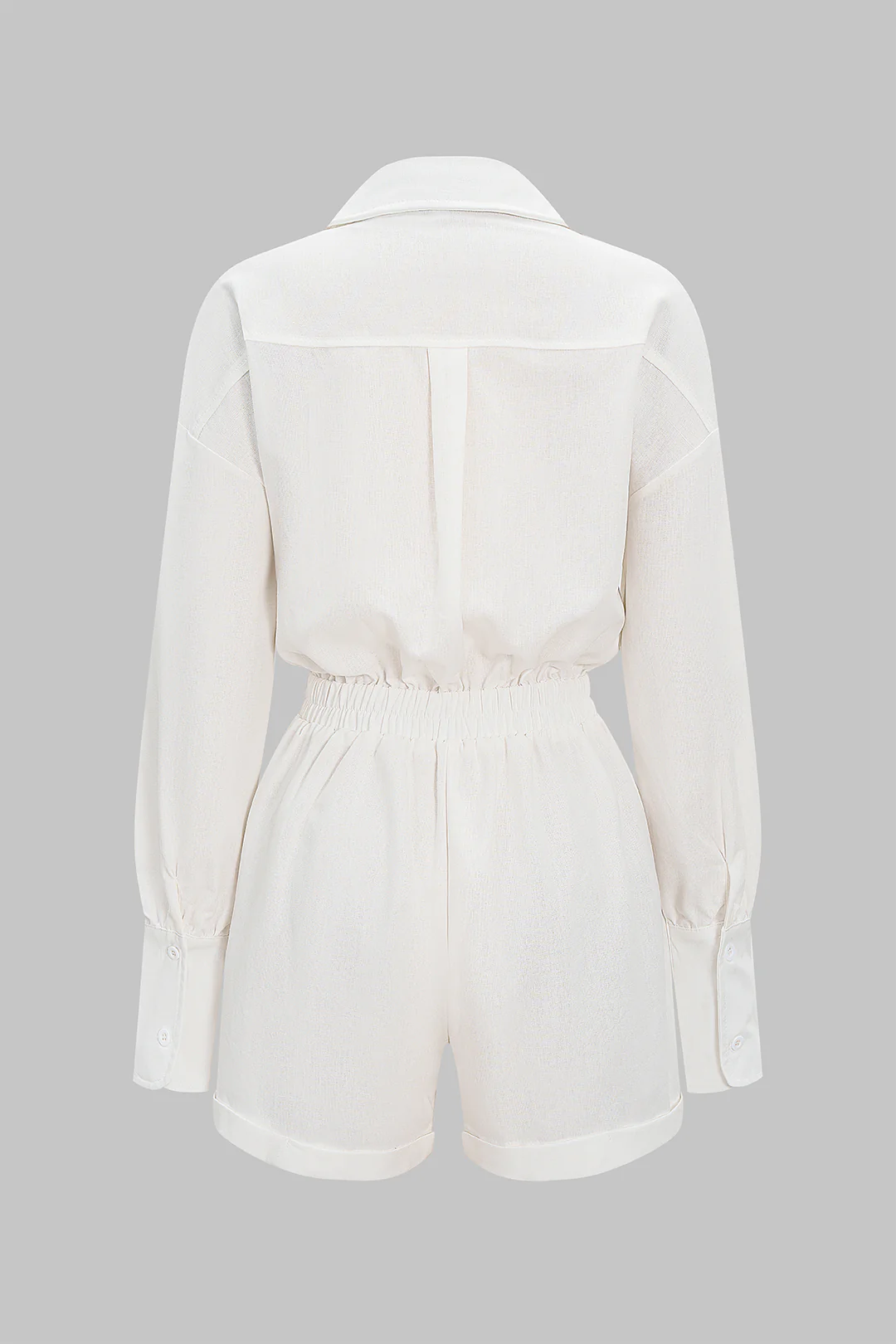 Solid Button Belted Ruched Long-Sleeve Romper - Image 4