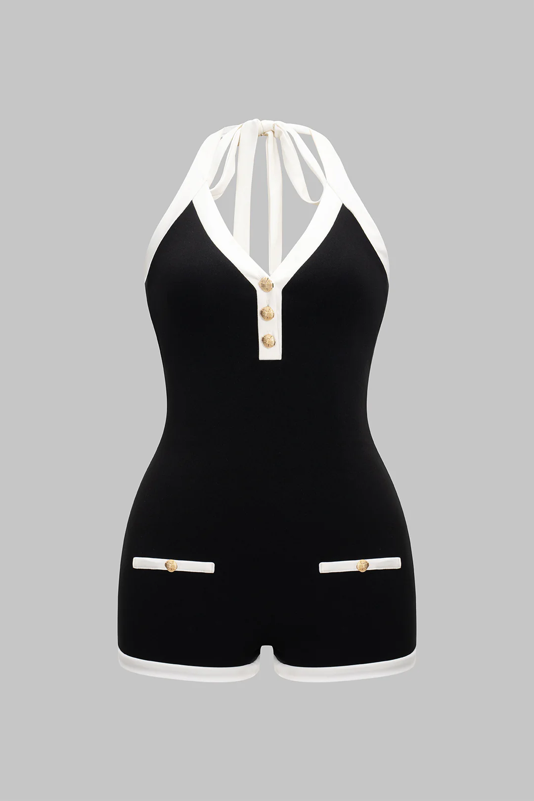 Plus Size Contrast Halter Tie-Up Backless Sleeveless Romper