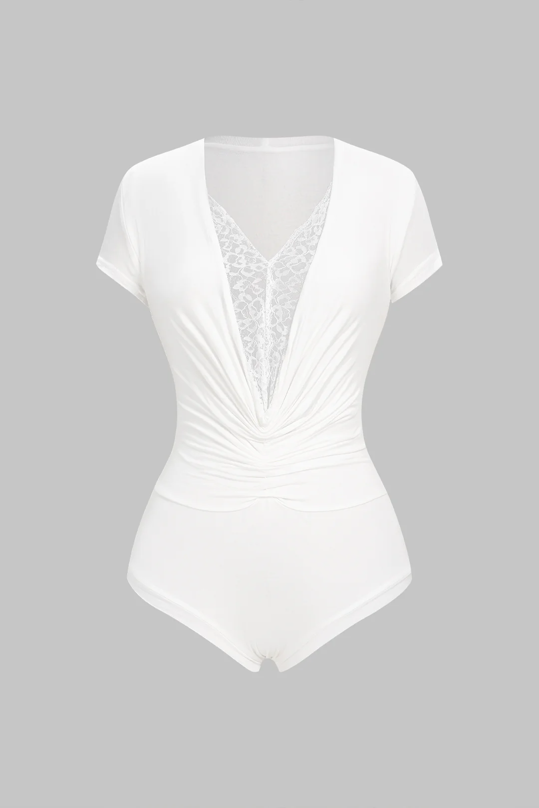Lace Trim Patchwork V-Neck Ruched Short Sleeve Bodysuit