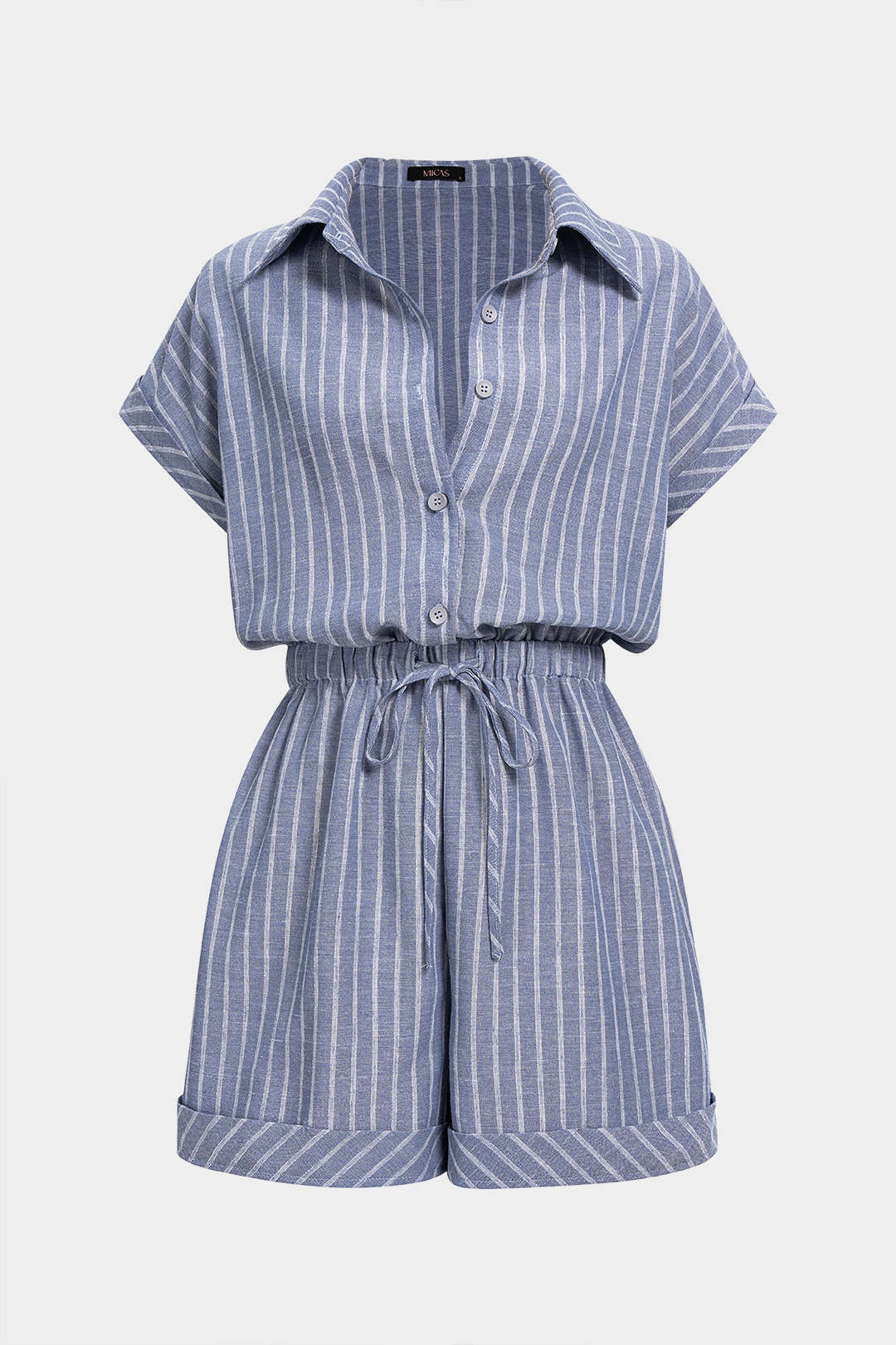 Stripes Print Lapel Button Tie-Up Short Sleeve Romper