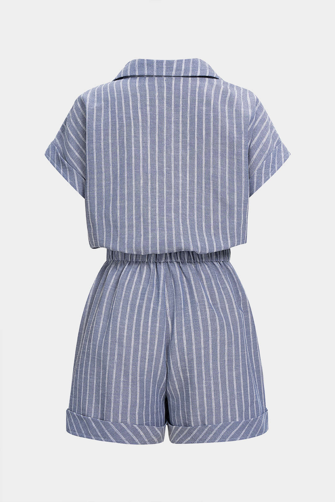 Stripes Print Lapel Button Tie-Up Short Sleeve Romper - Image 2