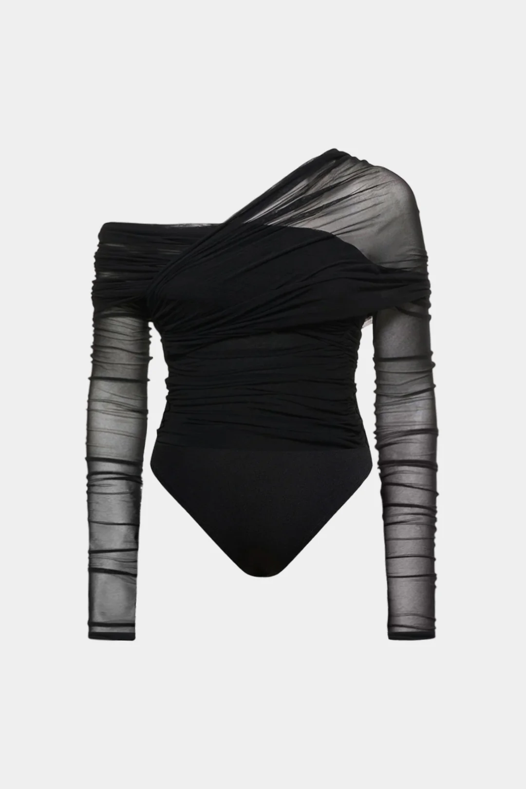 Plus Size Mesh One Shoulder Ruched Long Sleeve Bodysuit - Image 2