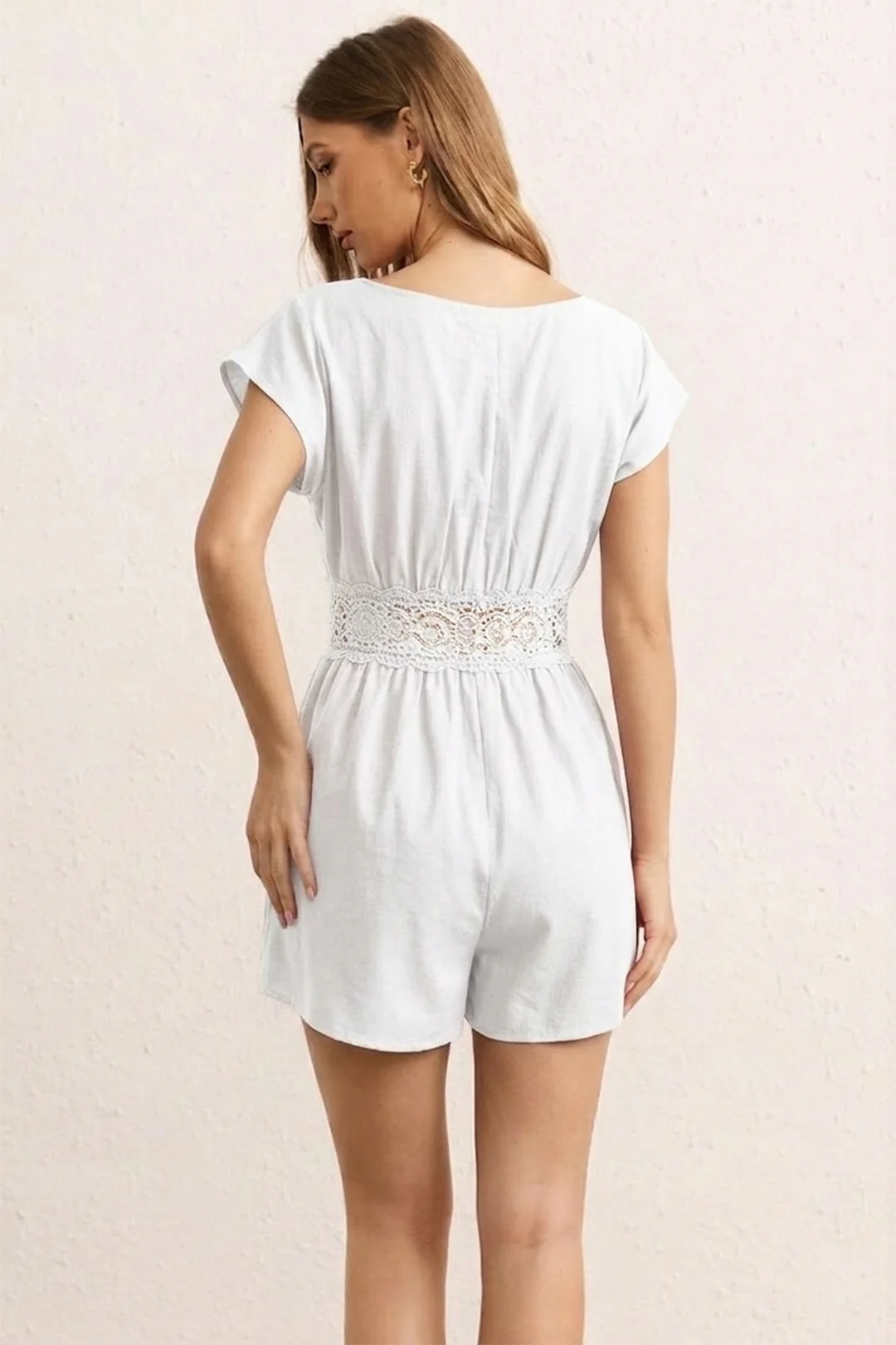 Patchwork Lace Trim V-Neck Cut Out Short Sleeve Romper - Image 2