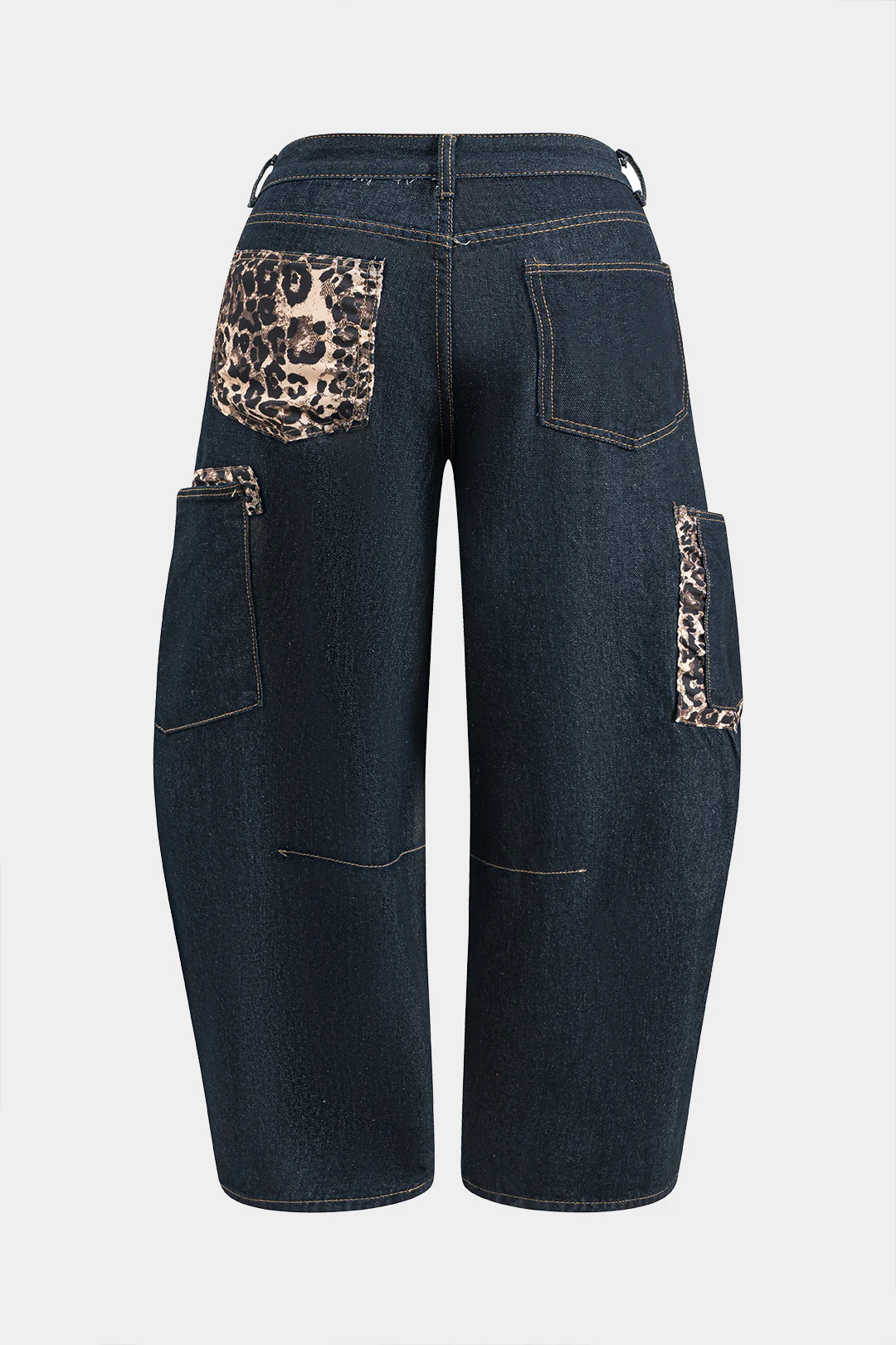 Plus Size Leopard Print Denim Patchwork Button Pocket Wide Leg Barrel Jeans - Image 2