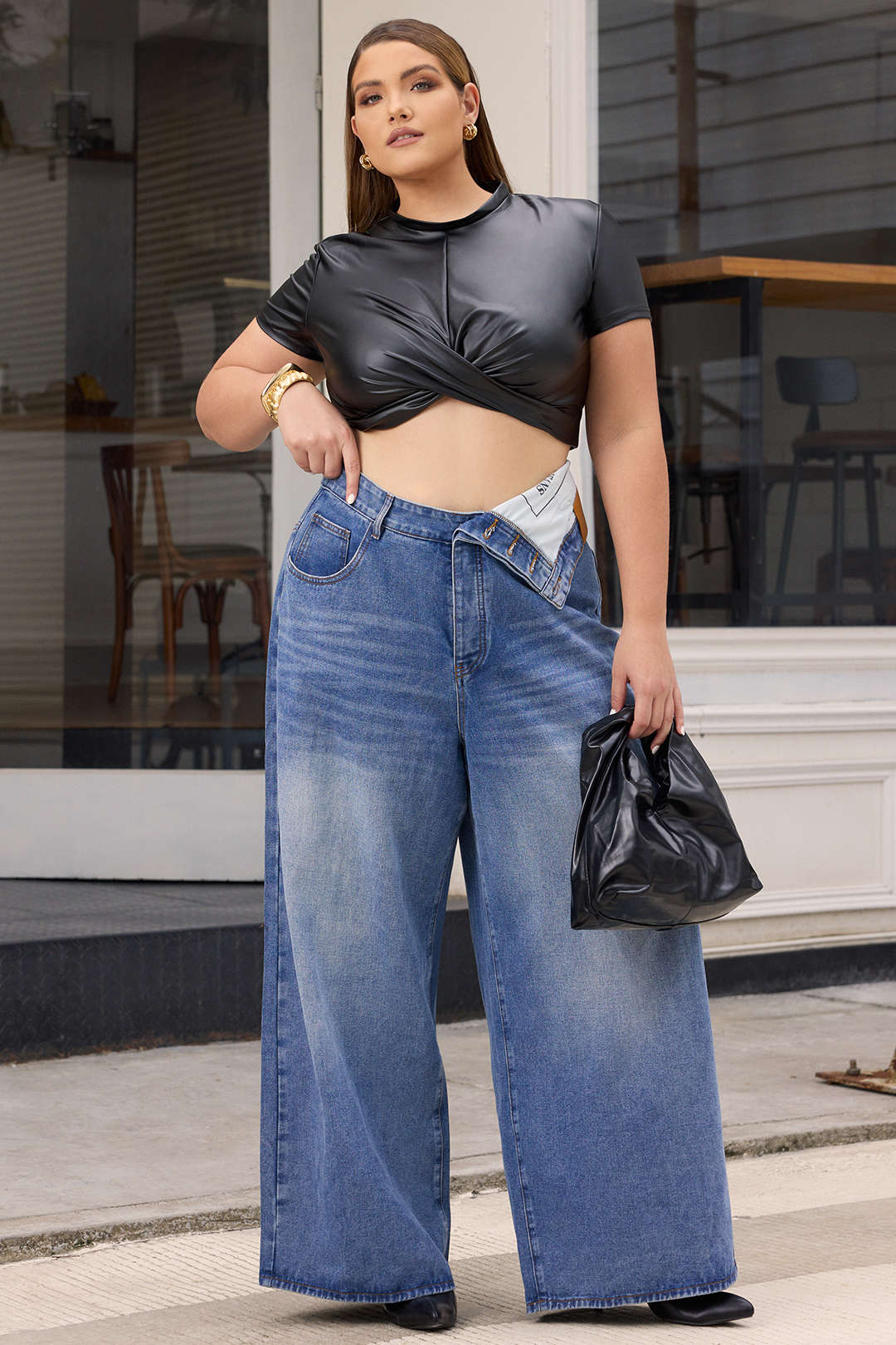 Plus Size Denim Asymmetrical High Waist Jeans - Image 7