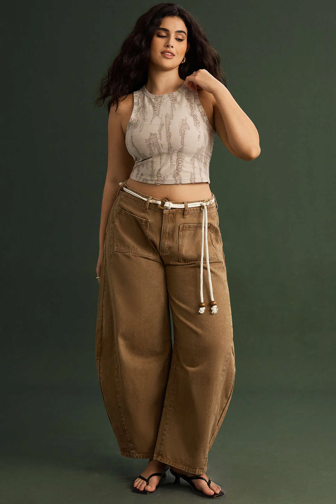 Plus Size Denim Low Waist Beaded Belted Jeans - Image 6