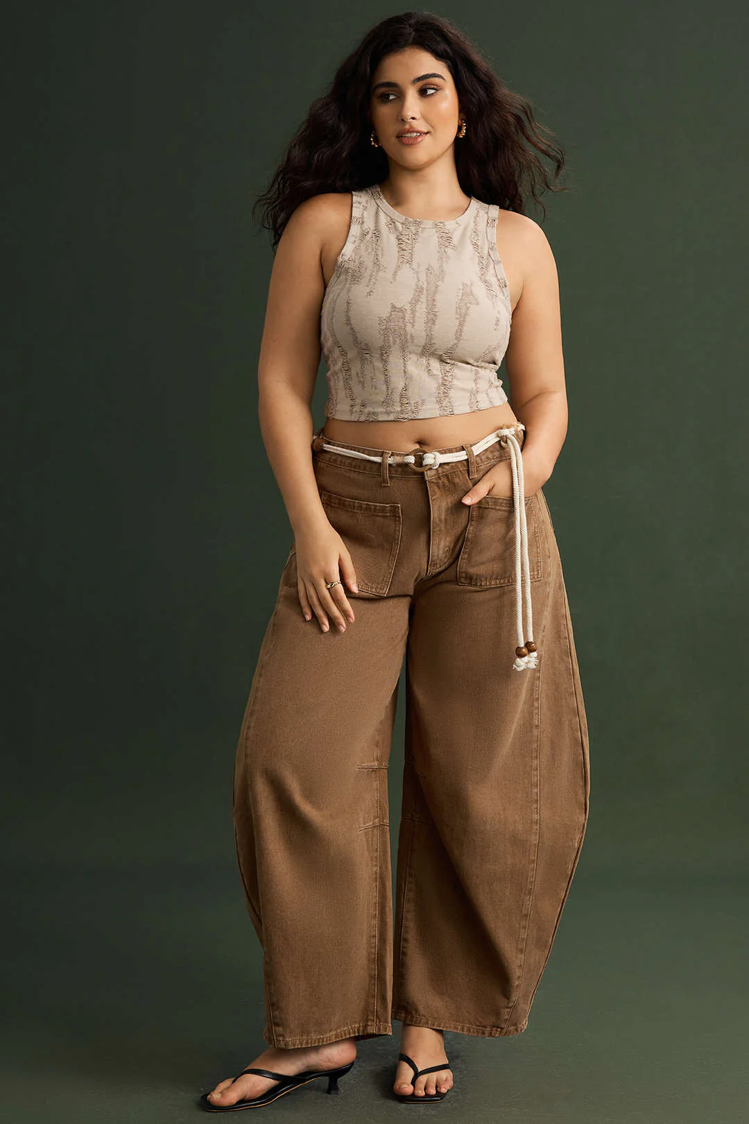 Plus Size Denim Low Waist Beaded Belted Jeans - Image 7