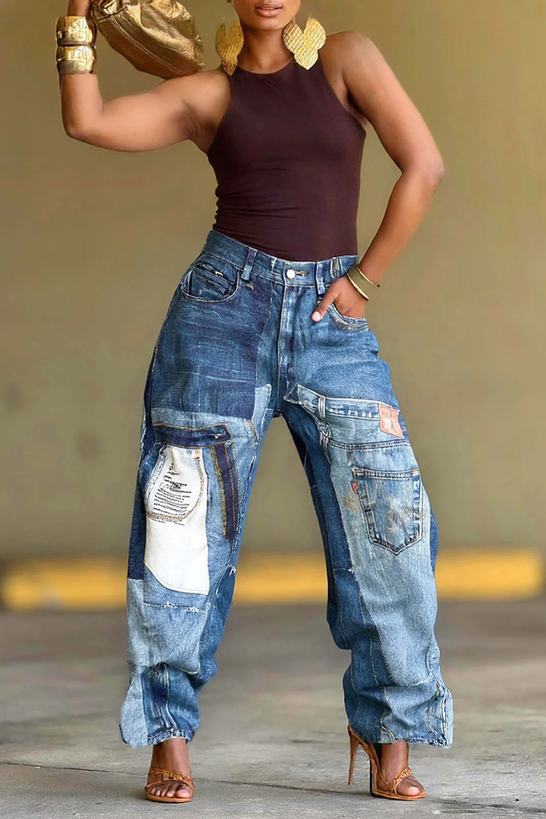 Plus Size Abstract Print Pocket Zipper Jeans - Image 3