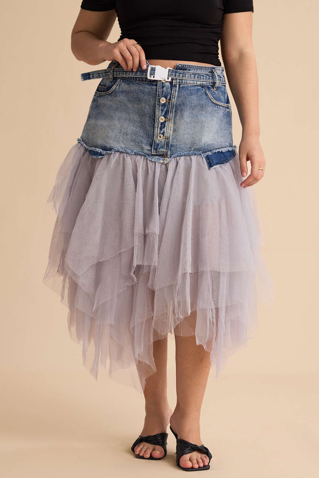 Plus Size Denim Mesh Patchwork High Waist Skirt - Image 5