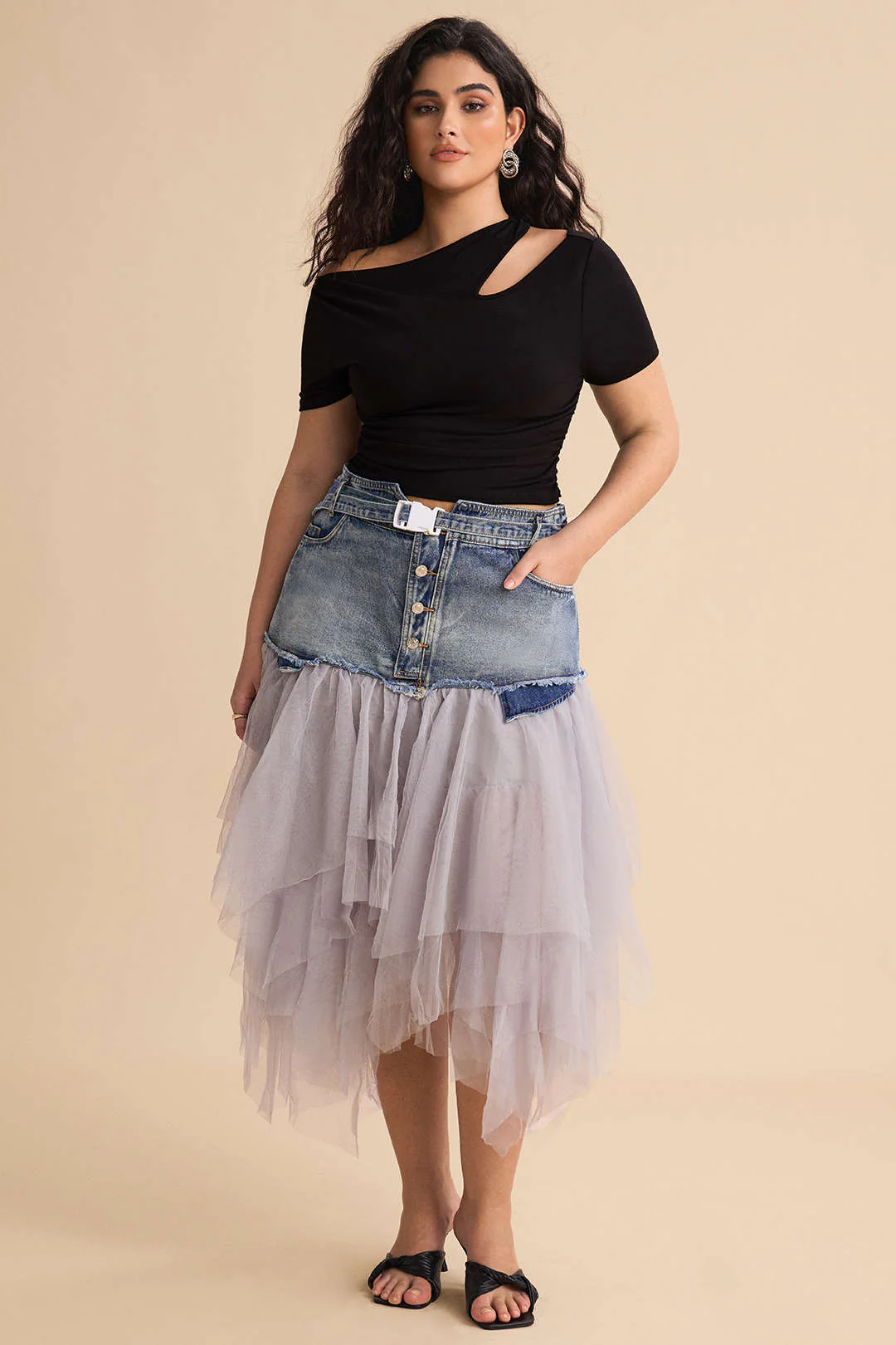 Plus Size Denim Mesh Patchwork High Waist Skirt - Image 6