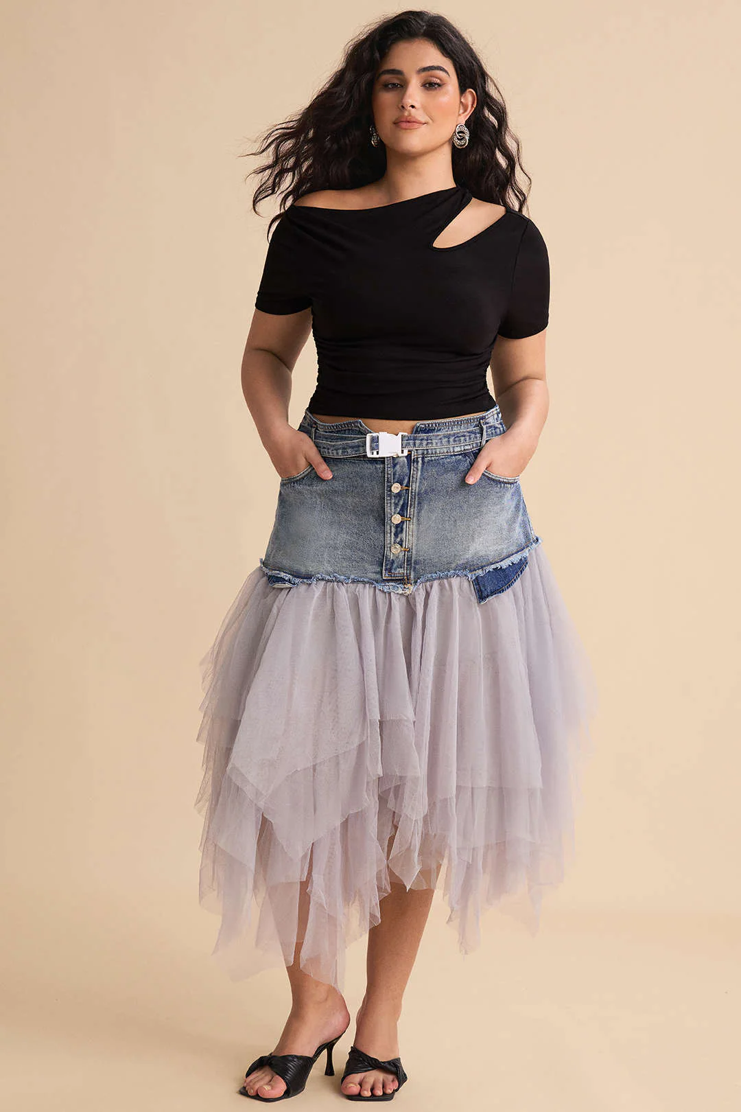 Plus Size Denim Mesh Patchwork High Waist Skirt - Image 7