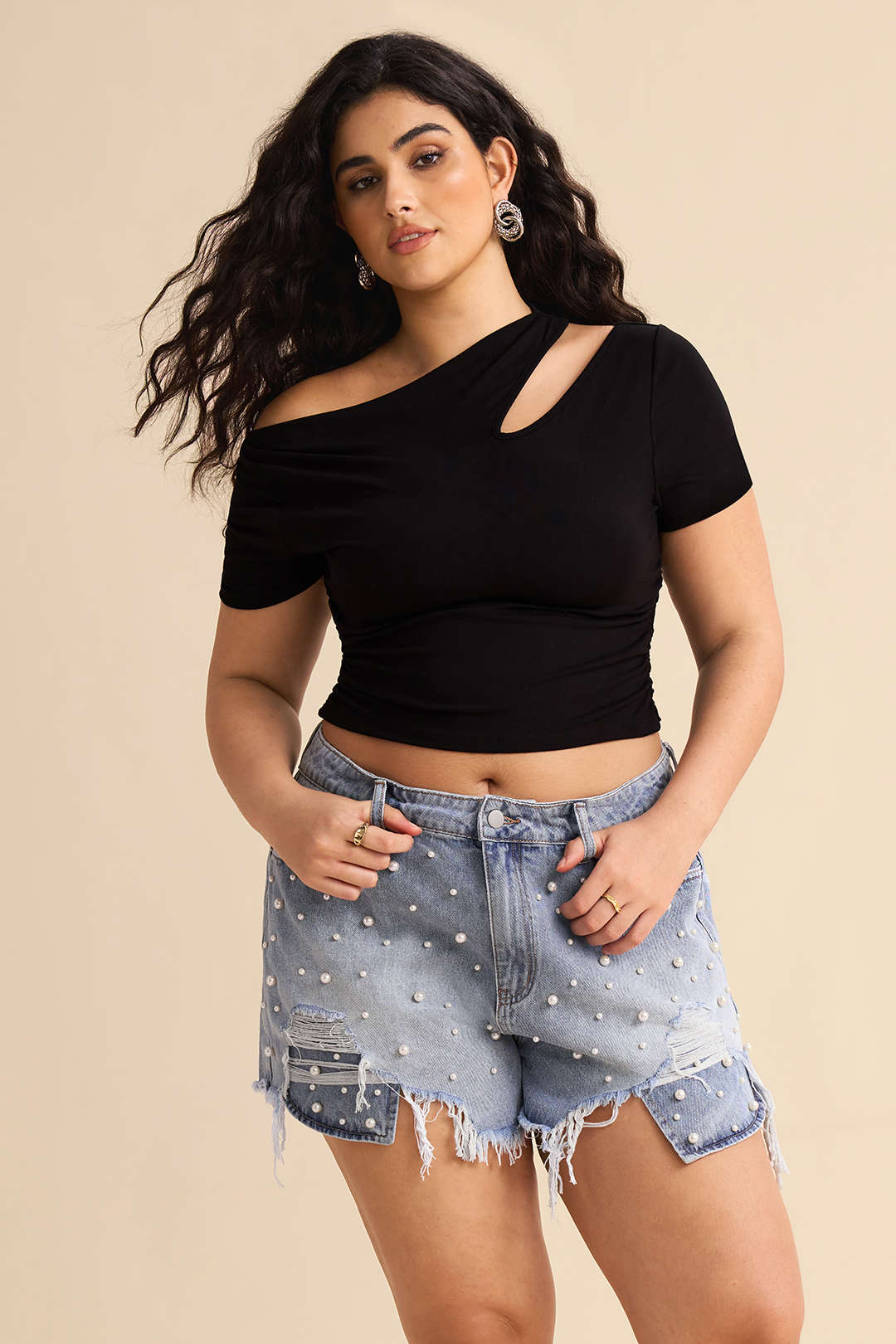 Plus Size High Waist Beaded Denim Shorts - Image 6