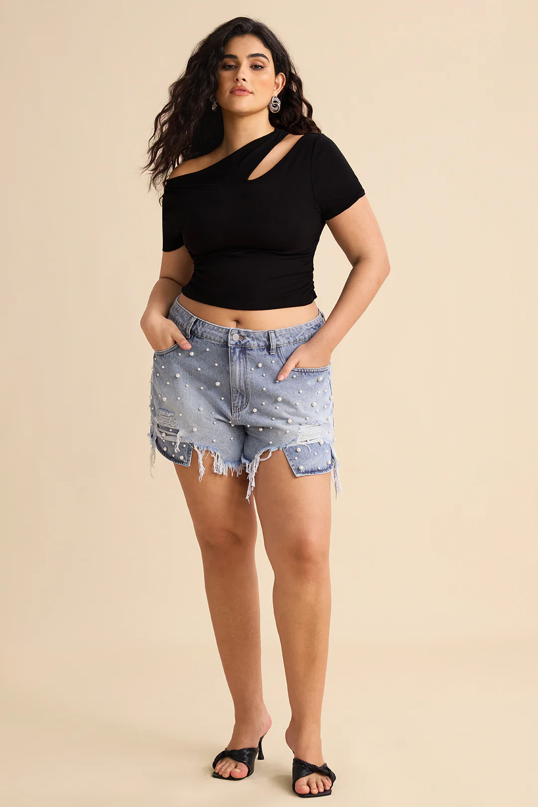 Plus Size High Waist Beaded Denim Shorts - Image 7