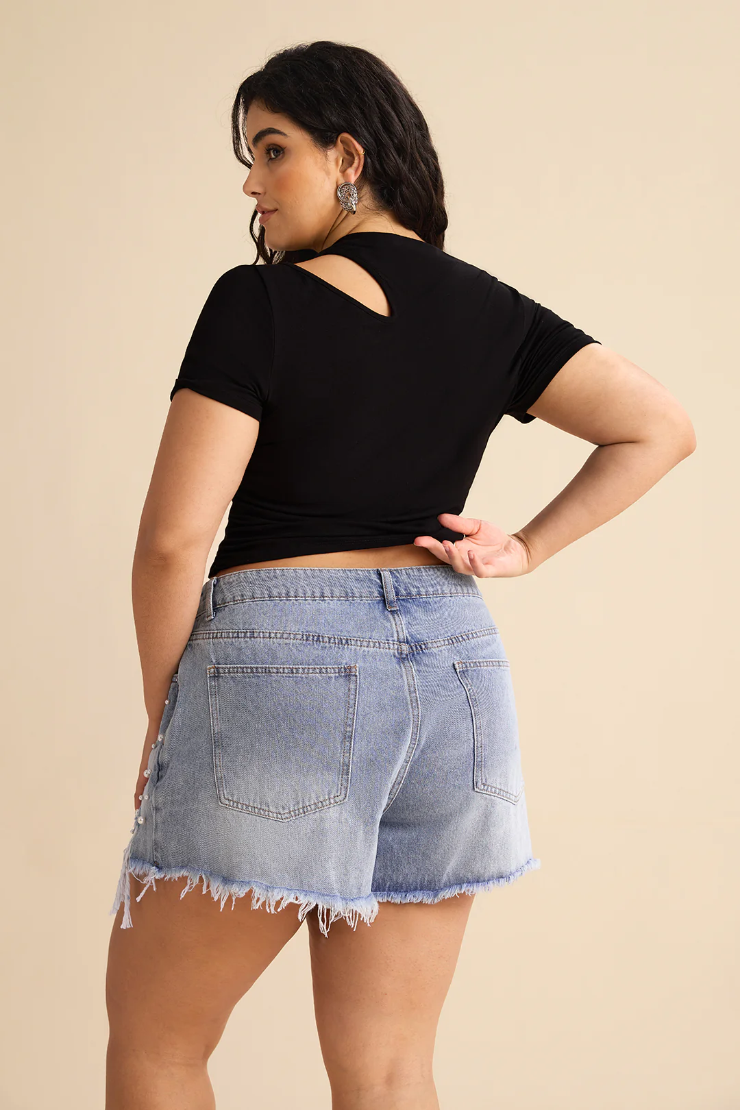 Plus Size High Waist Beaded Denim Shorts - Image 9