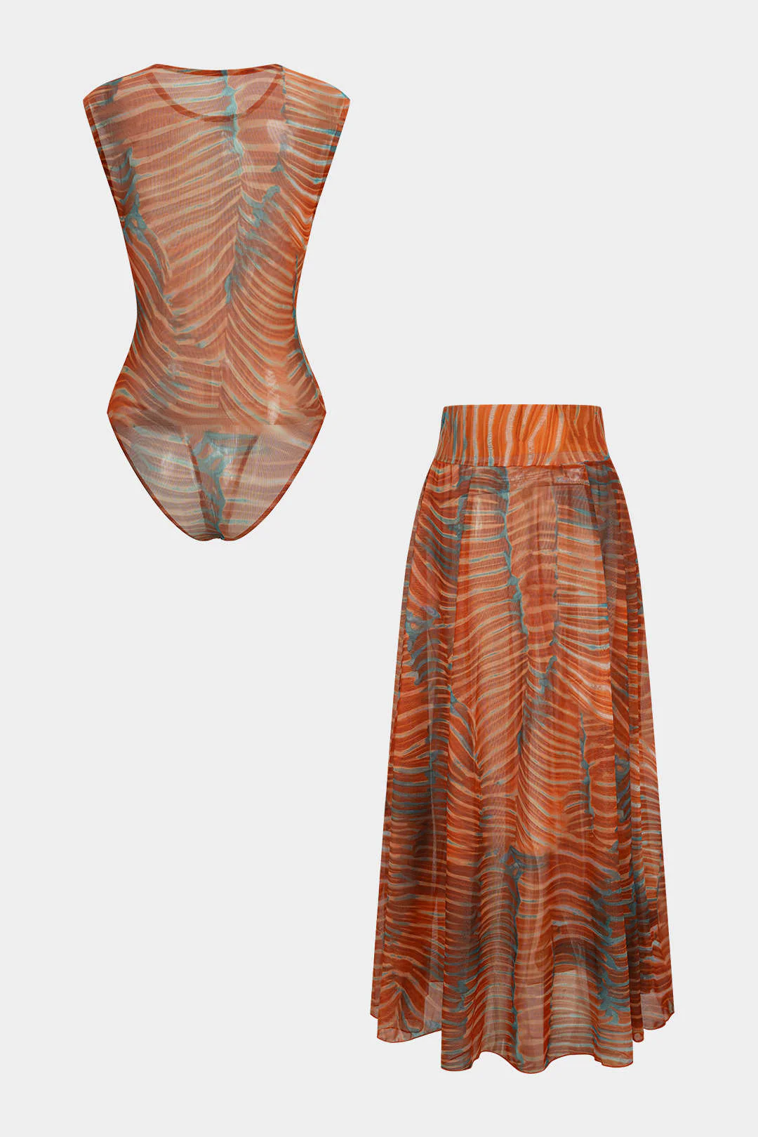 Abstract Print Mesh Sleeveless Bodysuit And Ruched Skirt Set - Image 2