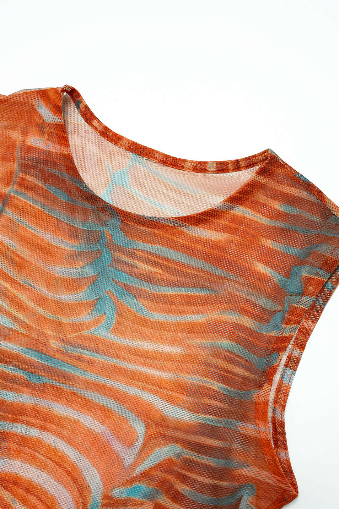 Abstract Print Mesh Sleeveless Bodysuit And Ruched Skirt Set - Image 3