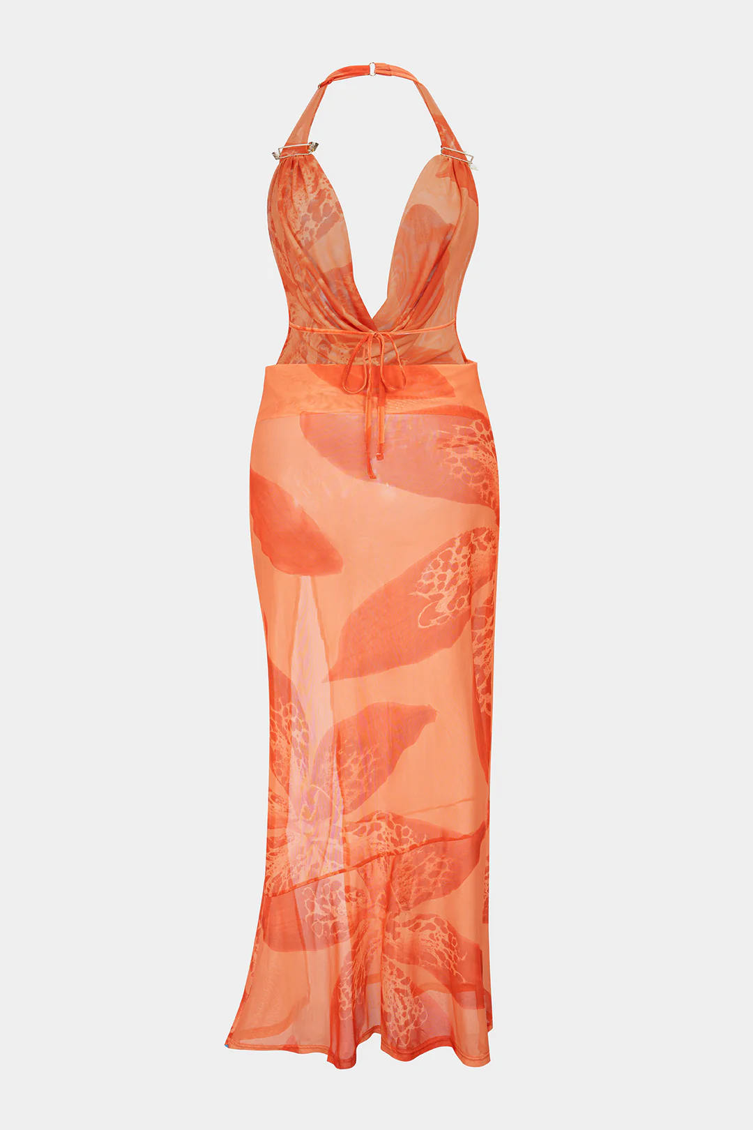 Floral Print Halter Draped Cowl Neck Slit Cover Up - Image 2