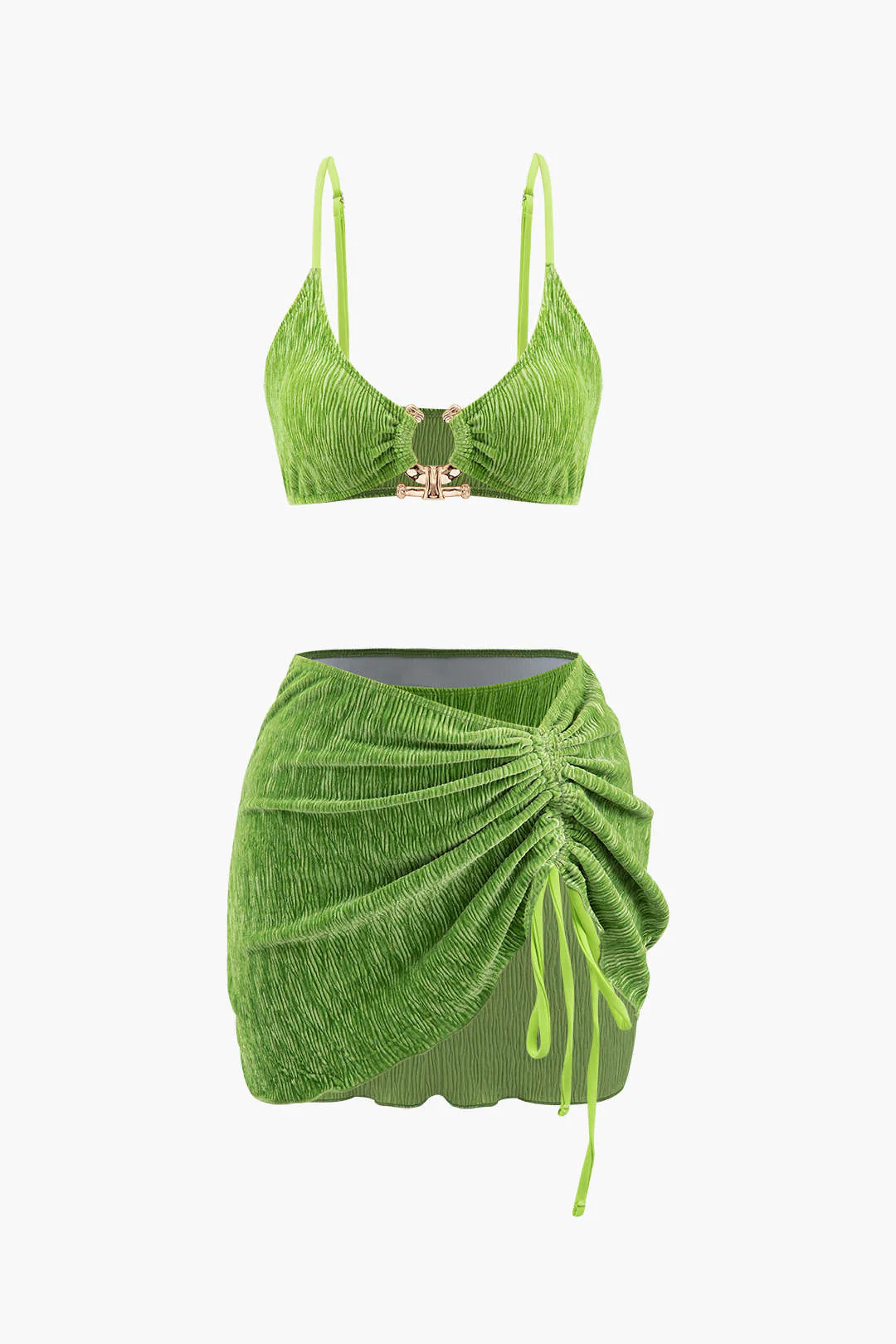 Velvet Textured U-ring Bikini And Sarong 3pc Set - Image 2