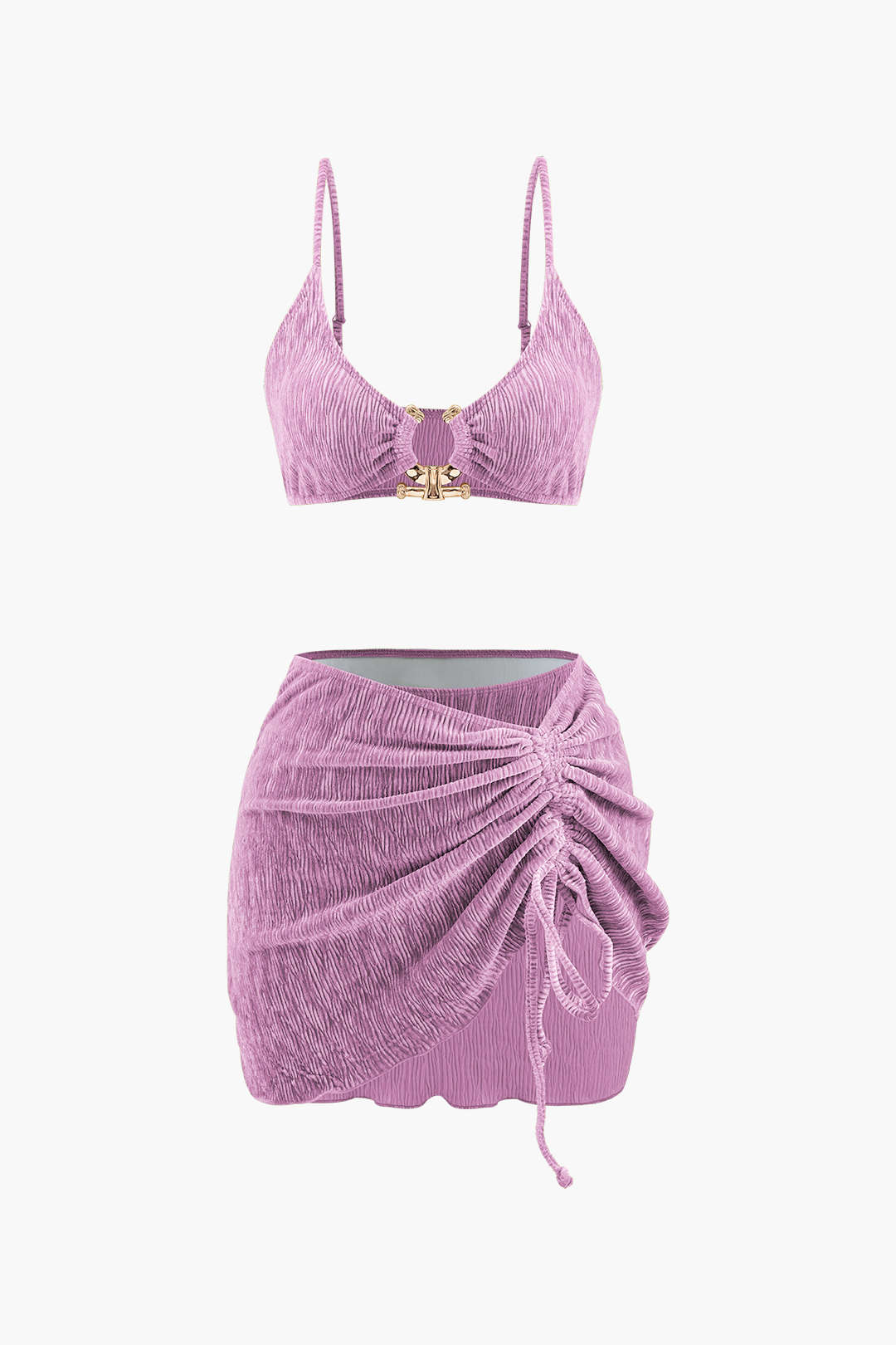 Velvet Textured U-ring Bikini And Sarong 3pc Set - Image 4