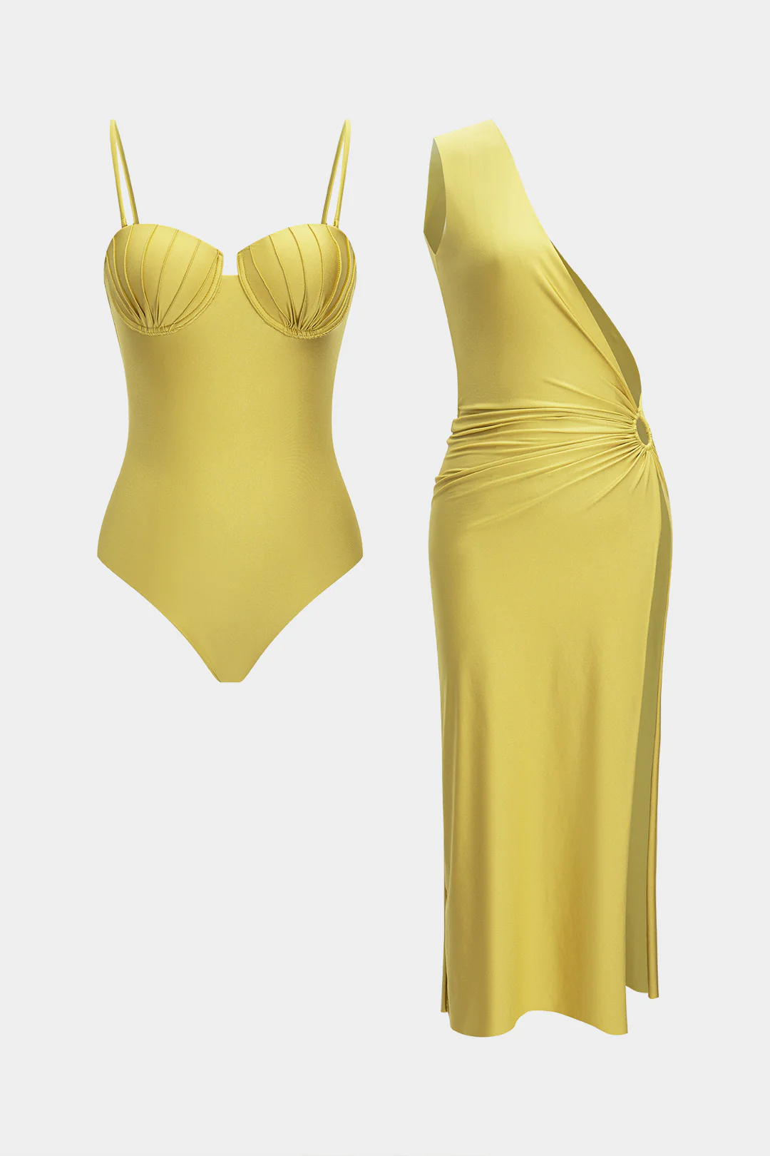 Solid One Shoulder Asymmetrical Ruched Cut Out Bikini Set - Image 8